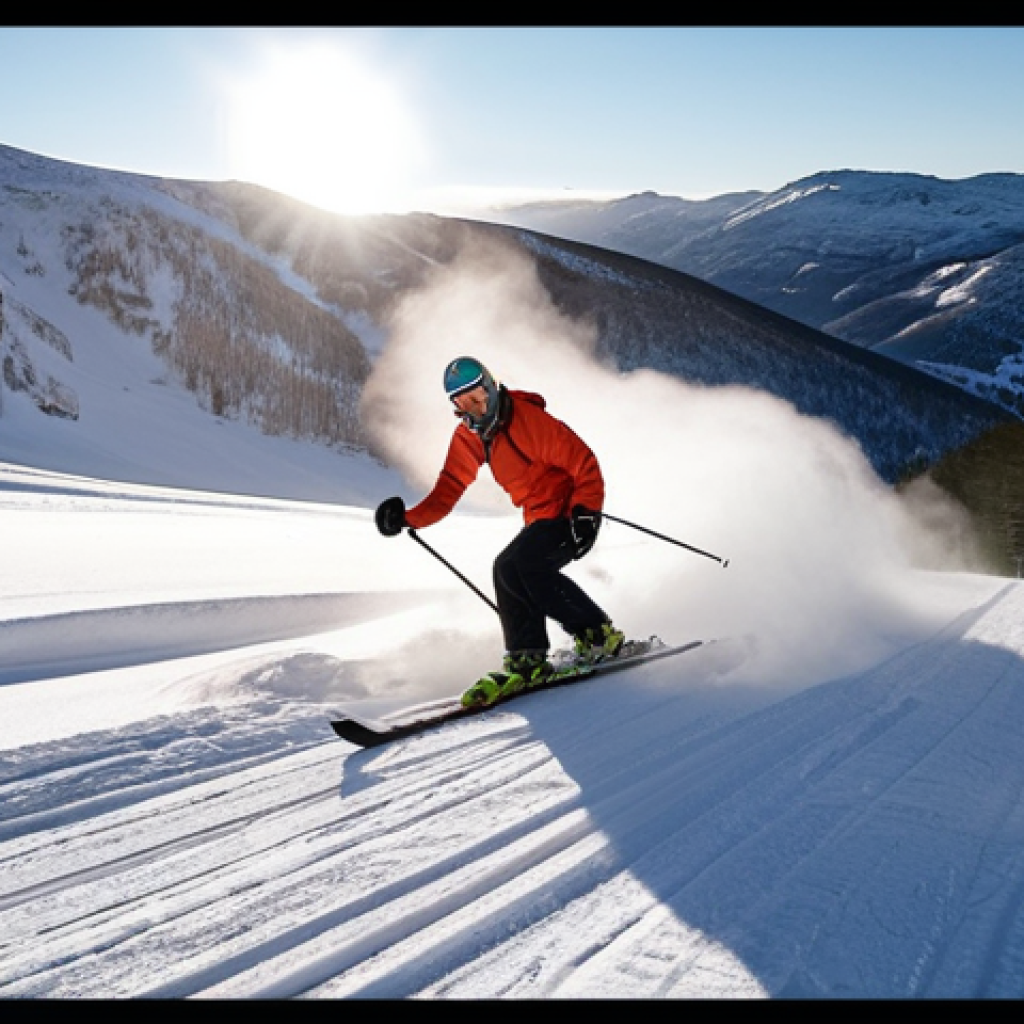 **Preparation & Dedication**: A focused ski instructor candidate in a Swedish mountain landscape, mid-winter. They are performing a powerful carving turn, snow spraying behind them, conveying intense physical and mental training. The light is early morning or late afternoon, emphasizing dedication. The atmosphere is quiet, highlighting solitary practice, with a sense of purposeful effort and determination.