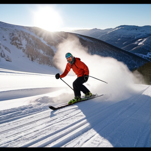 **Preparation & Dedication**: A focused ski instructor candidate in a Swedish mountain landscape, mid-winter. They are performing a powerful carving turn, snow spraying behind them, conveying intense physical and mental training. The light is early morning or late afternoon, emphasizing dedication. The atmosphere is quiet, highlighting solitary practice, with a sense of purposeful effort and determination.