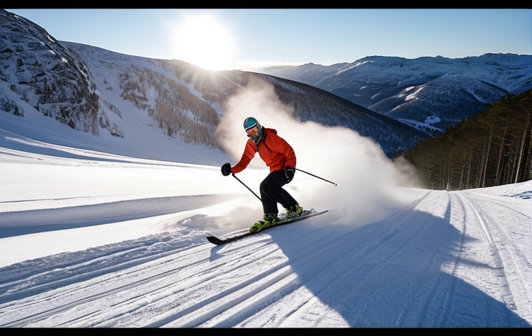 **Preparation & Dedication**: A focused ski instructor candidate in a Swedish mountain landscape, mid-winter. They are performing a powerful carving turn, snow spraying behind them, conveying intense physical and mental training. The light is early morning or late afternoon, emphasizing dedication. The atmosphere is quiet, highlighting solitary practice, with a sense of purposeful effort and determination.